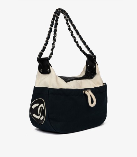 Chanel Navy, Beige Canvas & Black Quilted Lambskin Cruise Timeless Hobo Bag - Picture 3 of 11