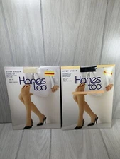 2 Hanes Too Silky Sheer Pantyhose Sz CD PEARL & Black Control Top Reinforced Toe