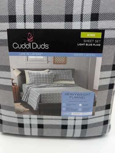 Cuddl Duds King Sheet Set Heavyweight Flannel Blue Plaid Lodge Farmhouse NEW - Picture 3 of 6