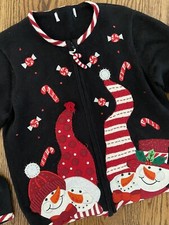Vtg Over The Top Crazy Busy Ugly Christmas Zip Sweater Conehead Snowmen M L