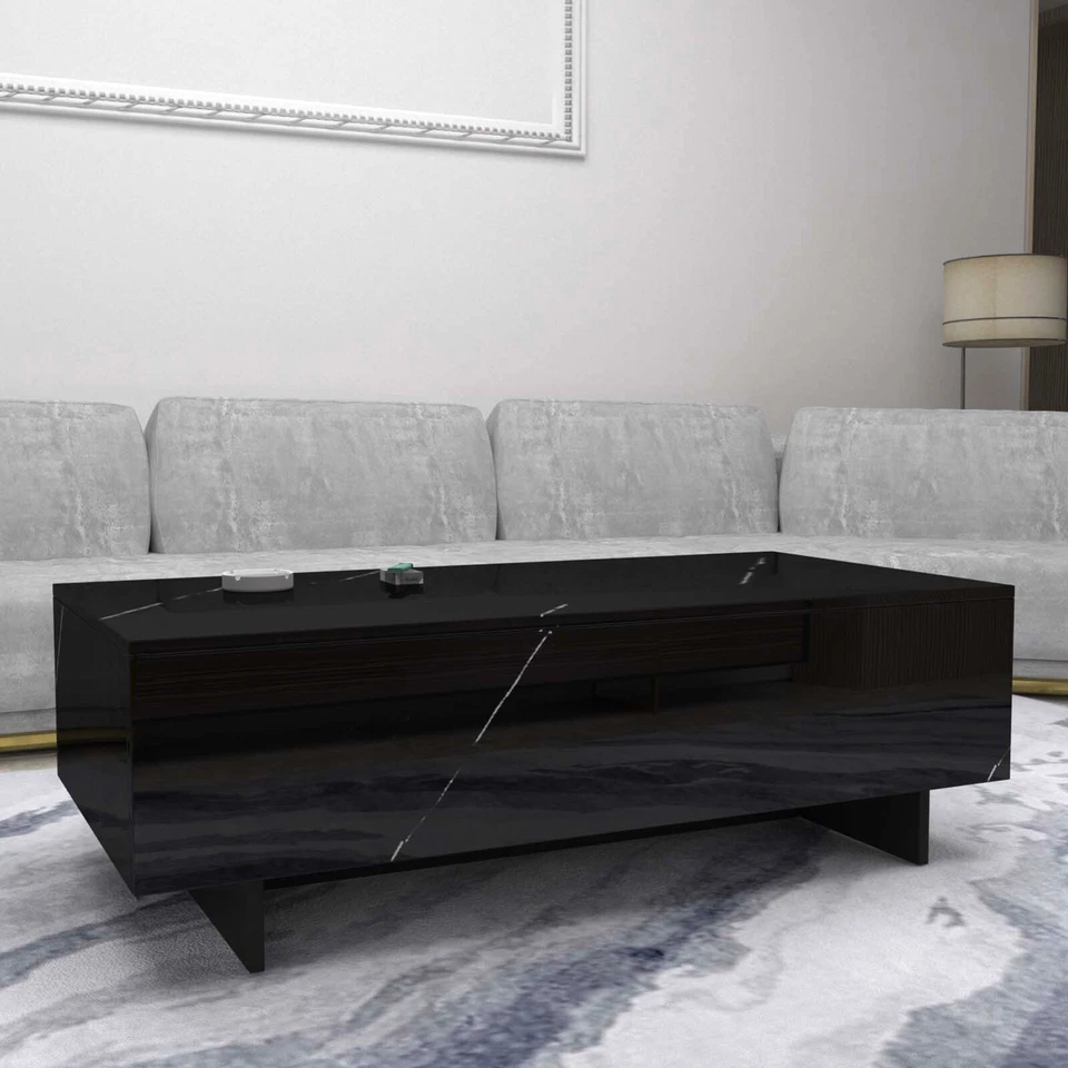 Mesa de centro grande negra de alto brillo chapa de mármol rectangular muebles de salón Foto 4 de 4