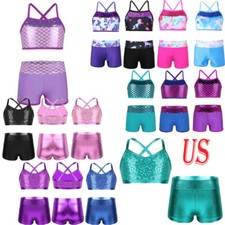 US Kids Girls 2 Piece Sports Outfit Shiny Crop Top with Booty Shorts Dance Swim