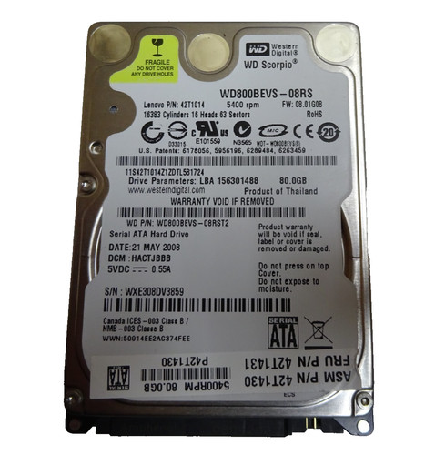80GB SATA HDD WESTERN DIGITAL WD800BEVS - 08RS SN: WXE308DV3859 2,5 " #NFP1082