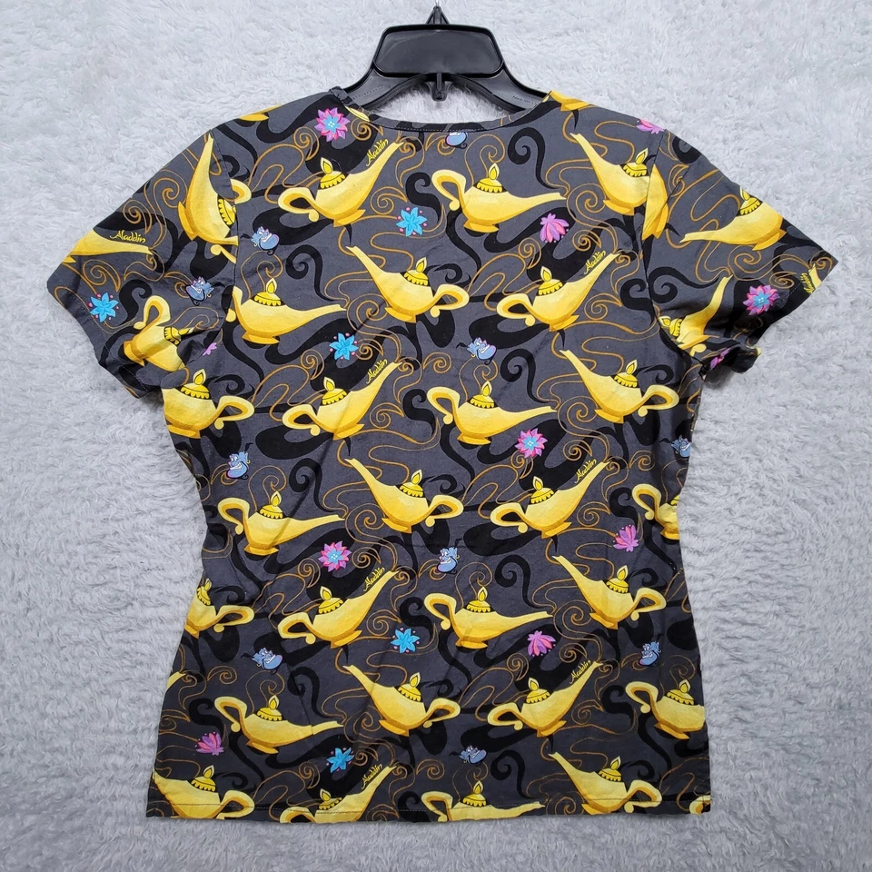 Disney Scrub Top Womens Small Yellow Gray Aladdin Lamp 2 Pockets - Image 2 of 4
