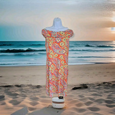 Ralph Lauren Shift Dress L  Paisley Print Foldover Boat Neck Stretch Knit Beachy