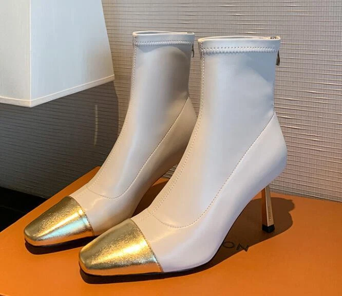 Botas de tornozelo elásticas femininas moda biqueira quadrada cor combinando gatinho salto médio - Imagem 3 de 4