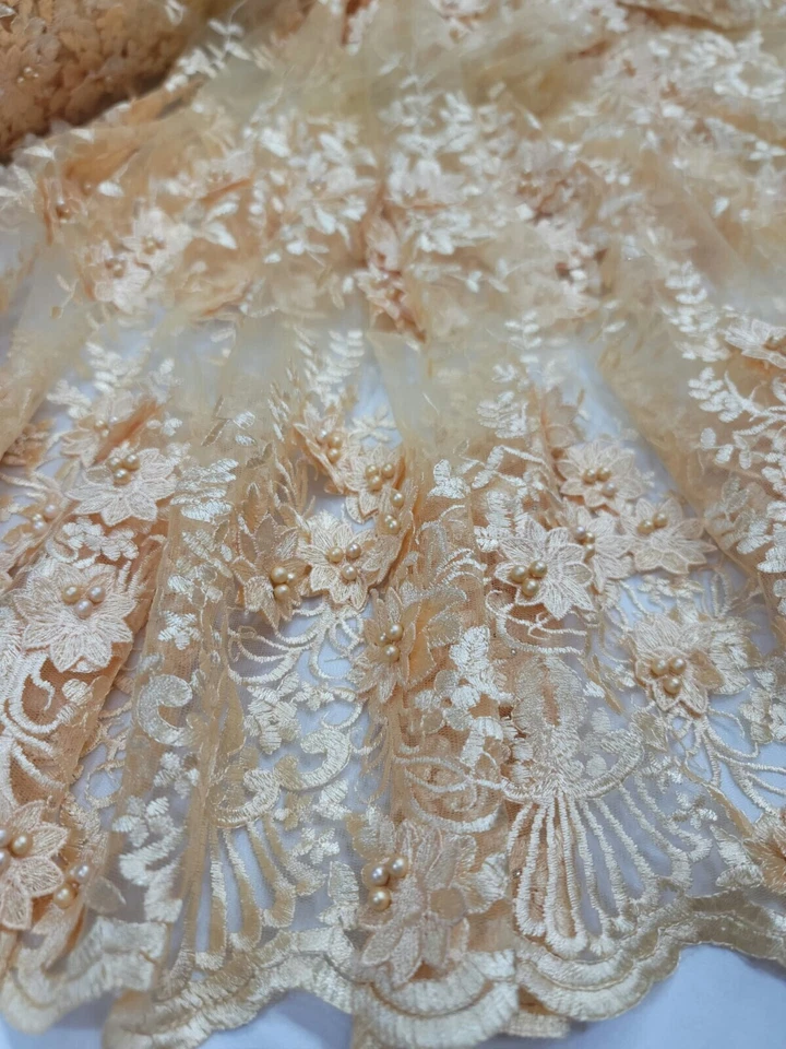 Champagne Gold Lace 3d Floral Flowers Embroidered Beaded Fabric By The Yard For  - Image 3 of 4