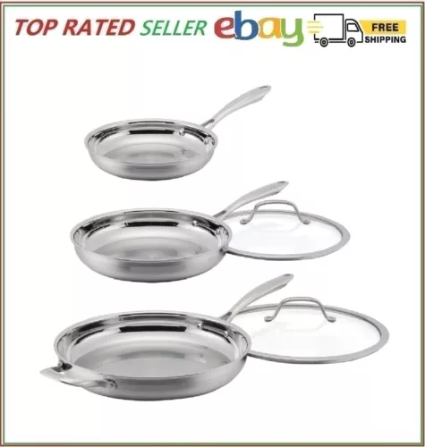 Cuisinart Stainless Steel 5-piece Skillet Fry Pan Set, 8", 10", 12", Tri-Ply NEW