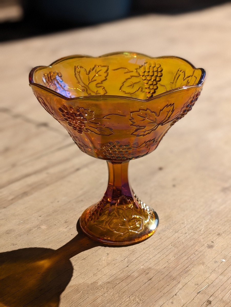 VINTAGE AMBER INDIANA CARNIVAL GLASS STEMMED PEDESTAL FRUIT BOWL