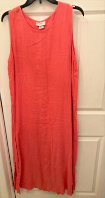 Match Point USA 100% Linen Maxi Dress Crew Neck Sleeveless Retro Orange Color XL