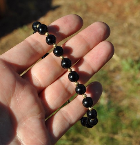 Vintage 14k Solid Gold & Onyx Bead Bracelet - Round Black Stone 8 1/4" - Picture 8 of 8