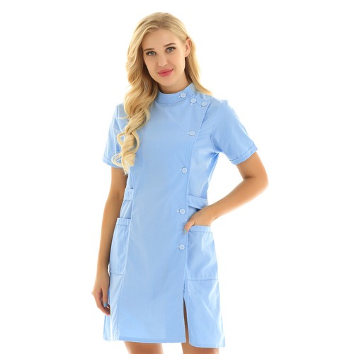Womens Short Sleeve Medical Hospital Nursing Scrub Lab Coat Uniform Dress Jacket - Picture 10 of 37