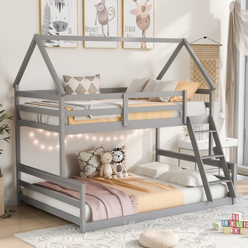 Twin over Full House Bunk Bed with Built-in Ladder,Gray - Picture 14 of 36
