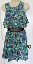 Princess Vera Wang 3 Tiered Ruffle Teal Print Dress Black Mesh Dotted Waist EUC