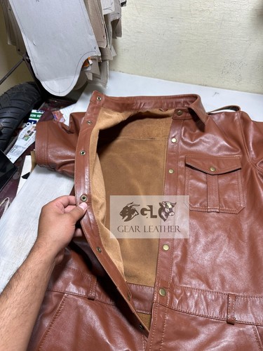 Tuta gay originale da uomo marrone in pelle di mucca con bottoni anteriori tuta sexy - Foto 3 di 11