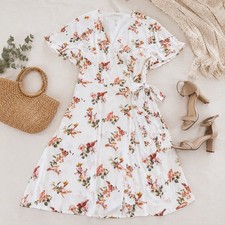 Forever 21 Wrap Dress Womens Large Ivory Orange Bird Floral Print Summer Mini