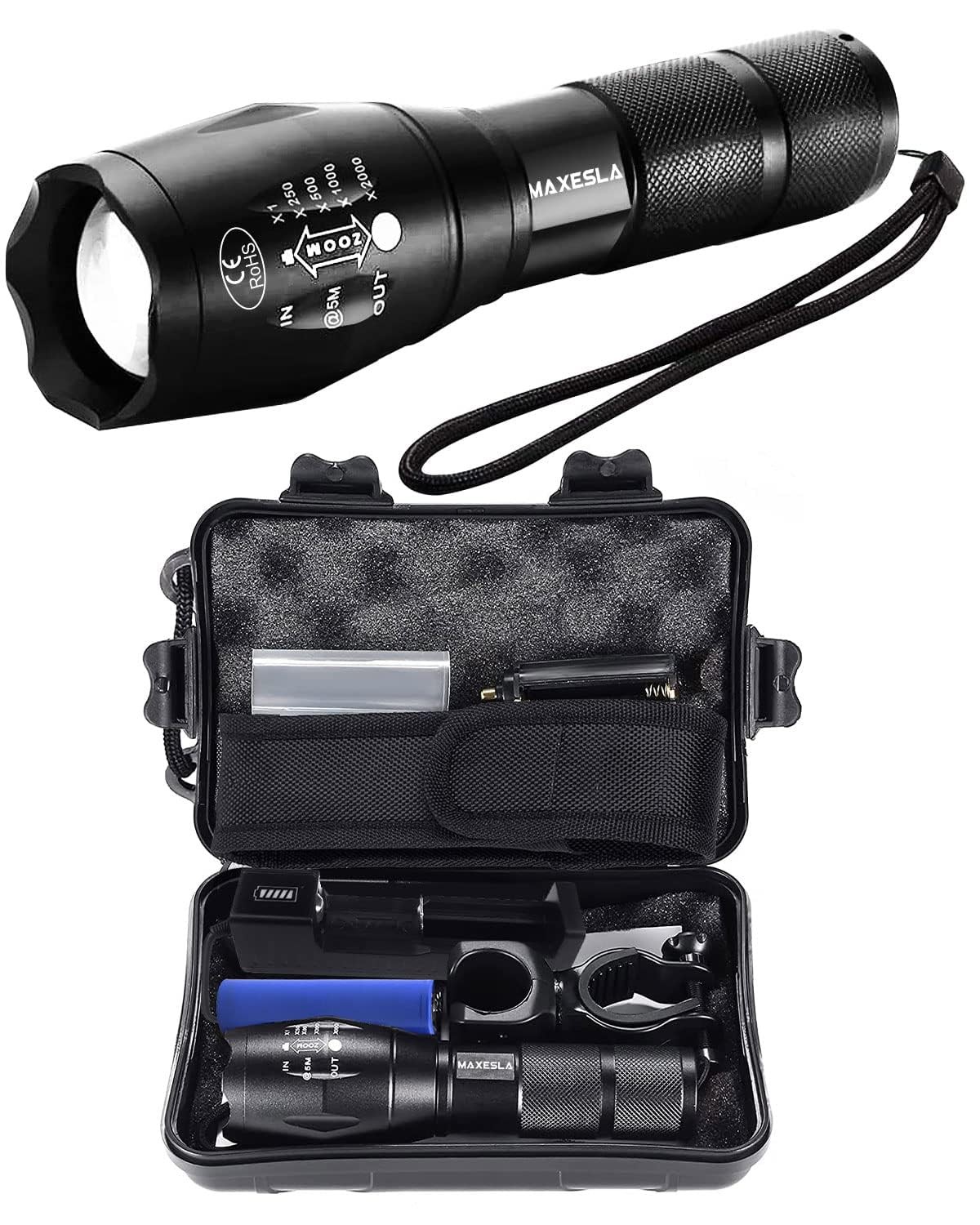 Maxesla Rechargeable LED Torch Set High Lumen, IP65 Waterproof, 5 Modes, Zoomabl