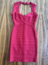 Auténtico Herve Leger Sarai Vendaje Bodycon Halter Vestido Lápiz Labial Rojo Pequeño Usado