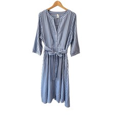 Pact Sunset Easy Dress XL blue brown Del Mar Stripe cotton button NWOT