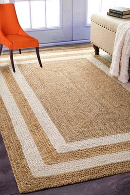 Natural Jute Area Rug with White Border Handwoven Carpet for Livingroom Boho Mat