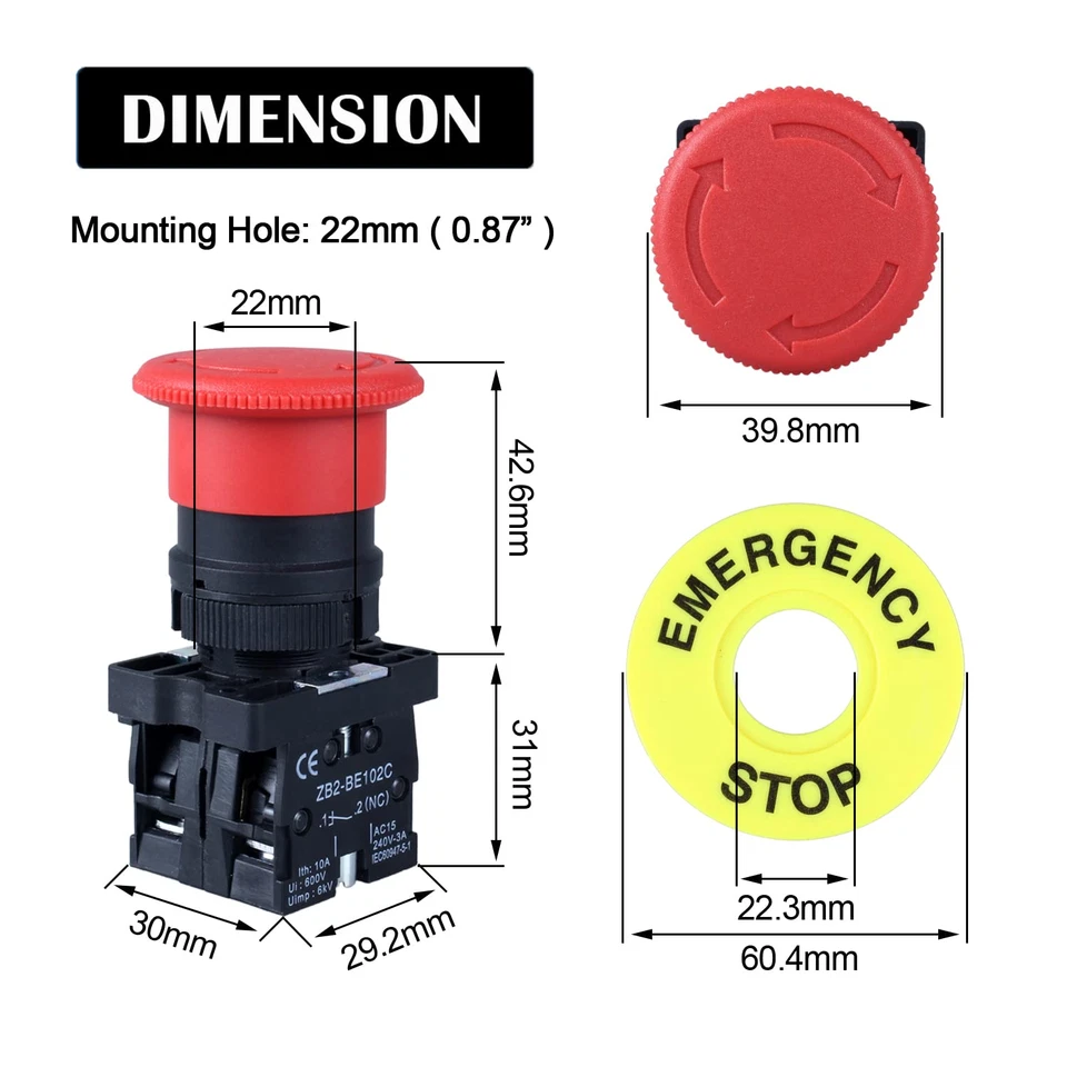 Interruptor de botón de parada de emergencia 22MM 600V 10Amp 2NC rojo con enganche de setas Foto 3 de 4