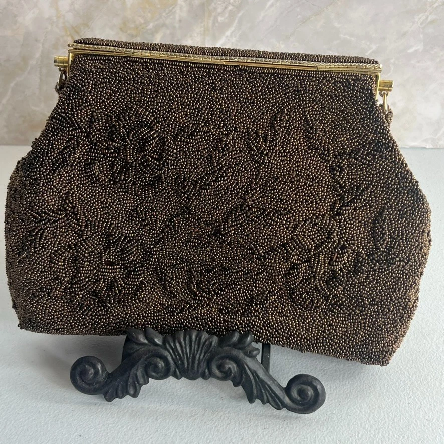 Bolso de Noche Vintage Marrón Bolso con Cuentas Forrado Hong Kong Cierre Festoneado Foto 3 de 4