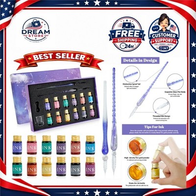 Glass Dip Pen Ink Set, 16pcs Calligraphy Pens with Gold Ink, Crystal Signature