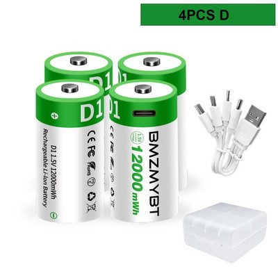 4pcs D Rechargeable Battery D Batteries USB/Type-C 1.5V 8000mAh 12000mWh