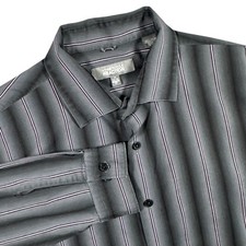 Kenneth Cole Reaction Button Down Mens 17 34-35 Grey Wrinkle Free Striped