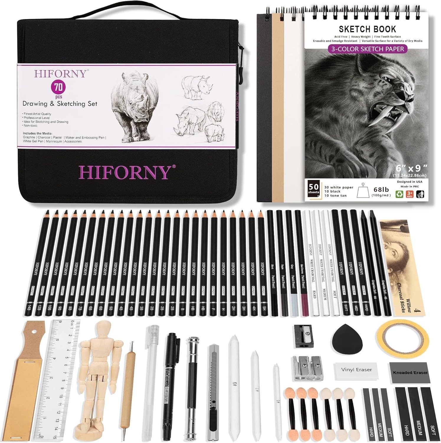 70 Pcs Drawing Set Sketching Kit - Sketch Pencils Art Suppli