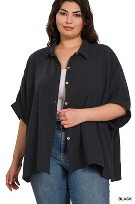 Zenana Women's Double Gauze 3/4 Sleeve Button Up Plus Shirt - Black