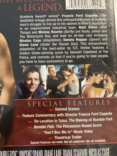 Rumble Fish DVD WHB Francis Ford Coppola's Most Stylish Movie? Great Soundtrack - Picture 2 of 2