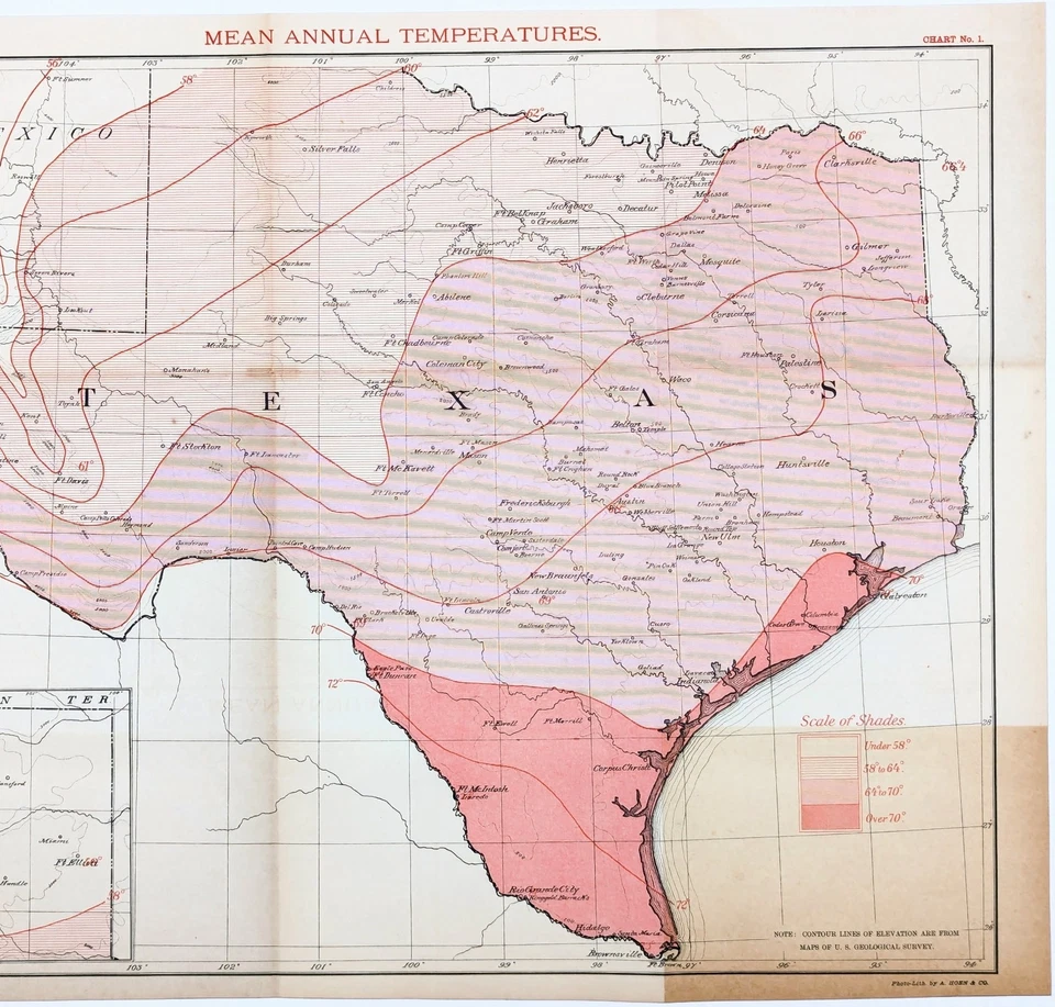 1892  TEXAS Map ORIGINAL (20x16) Mean Annual Temperature - San Antonio - Image 3 of 3