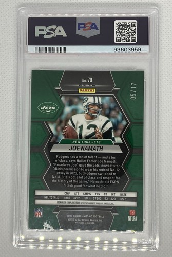 Joe Namath 2023 Panini Mosaic Gold Wave Prizm /17 PSA 9 HOF NFL Jets - Foto 2 di 3