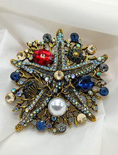 Large Chunky Starfish Beach Pin Brooch Rhinestone Crystal Faux Pearl Gold Tone