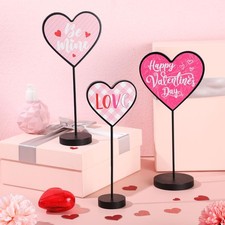 3 Pieces Valentine's Day Heart Shaped Wooden Table Decor with Base Heart Orna...
