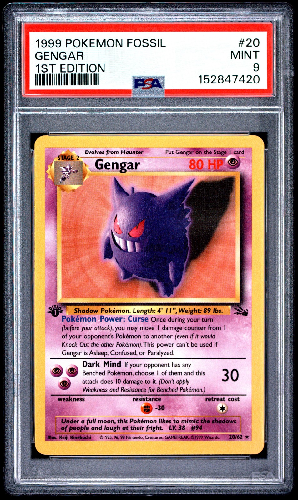 1999 POKEMON FOSSIL 1ST EDITION #20 GENGAR PSA 9
