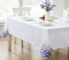 Lilac Hydrangeas Square Embroidered Tablecloth, 52 x 52 Inch, Cutwork , Stain...