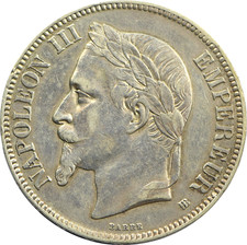 FRANKREICH, ST&Uuml;CK 5 Francs NAPOLEON III 1868, Stra&szlig;burg, Silber,