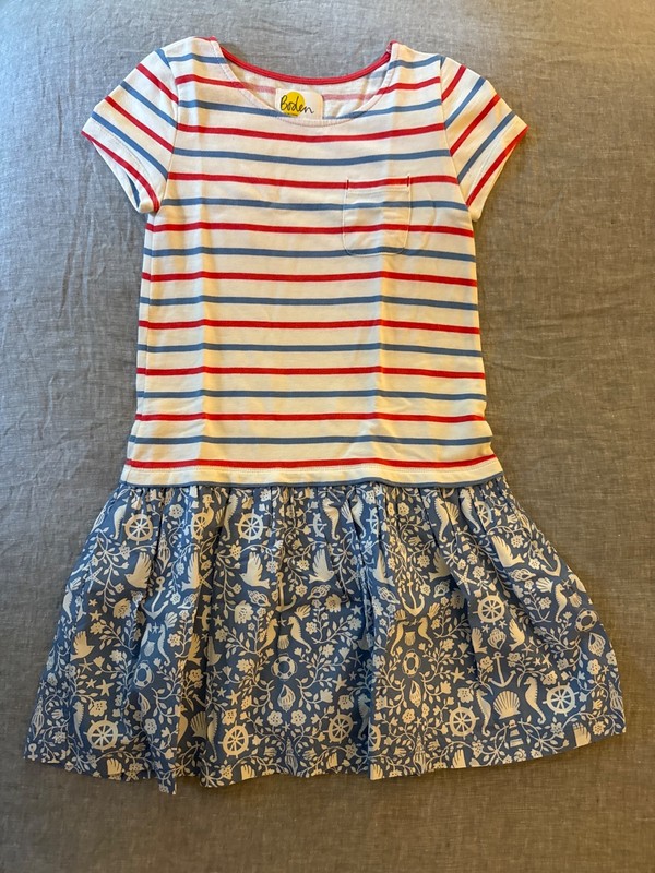 Girls' BODEN red/white/blue striped dress w/ nautical print skirt sz 7-8Y