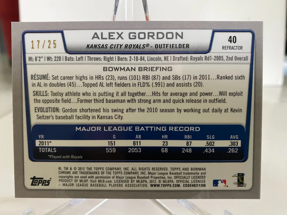 2012 Bowman Chrome 'Orange Refractor' Alex Gordon #40 serial'd17/25 - Image 3 of 3