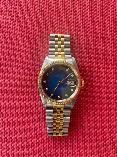 ROLEX MENS DATEJUST 16013 FACTORY DIAMOND BLUE DIAL 18K YELLOW GOLD STEEL WATCH