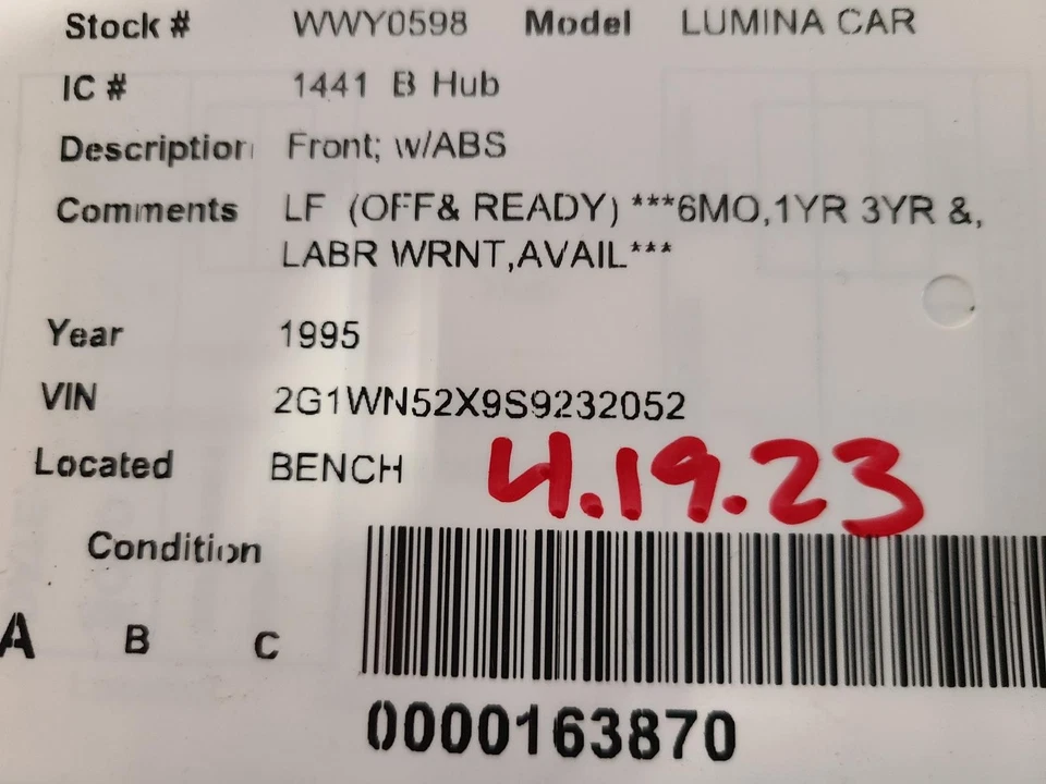 Used Front Wheel Hub fits: 1995 Chevrolet Lumina car Front w/ABS Front Grade A - Image 3 of 4
