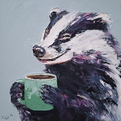 Ölgemälde Dachs genießt eine Tasse Kaffee, Tierwelt Originalgemälde 6x6''