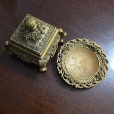 Vintage Gold Resin Trinket Box and Ring / Jewelry Dish Embossed Details Set