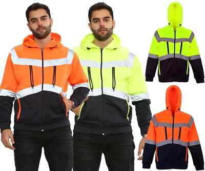 NEU HERREN HI VIS VIZ 5 REISSVERSCHLUSS HOODIE SICHERHEIT ARBEITSKLEIDUNG HOODIE OBERTEIL JACKE