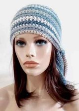 crochet womans handmade biker skull hat beanie chemo gray blue quartz