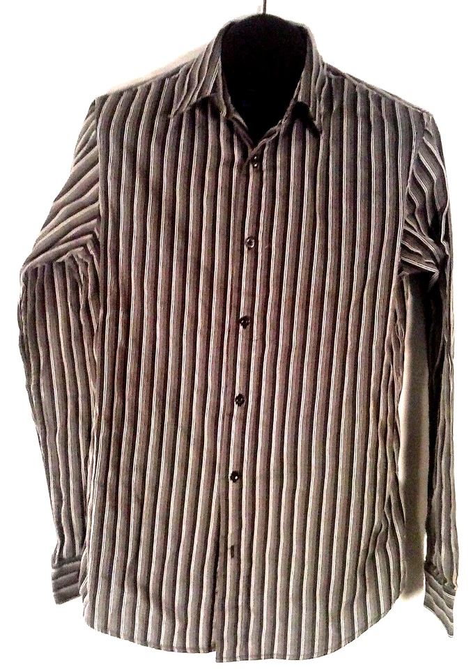 CAMISA DE VESTIR ATENCIÓN HOMBRE MEDIANA NEGRA BLANCA A RAYAS 29"L X 26" S (A) Foto 2 de 3