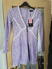 🌸 PRETTYLITTLETHING LILAC FLORAL LACE MINI LENGTH LIBED DRESS UK 8 🌸