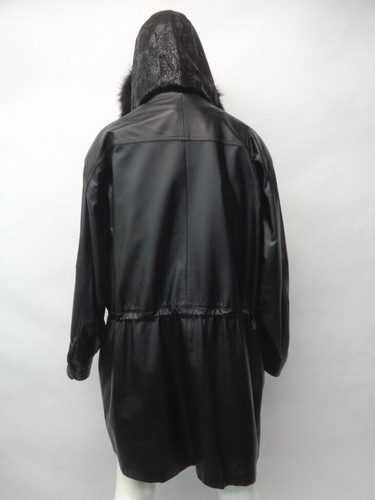 EXCELLENT BLACK LEATHER & RABBIT FUR JACKET COAT WOMEN WOMAN SIZE 10-12 W/HOOD - Picture 8 of 9